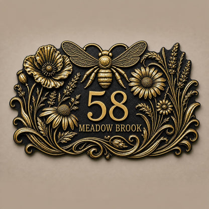 Design Your Own Custom House Number Plaque | Personalized Floral Bumblebee Antique Brass Address Sign