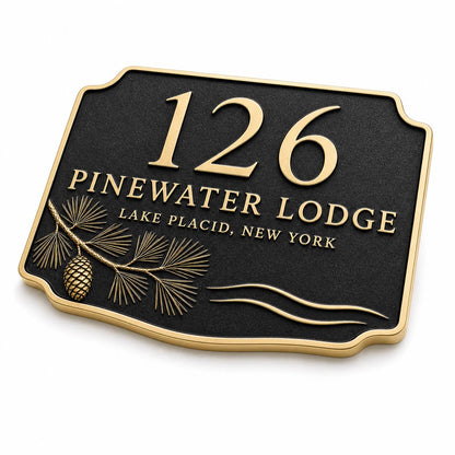 Personalised Pine Tree Address Plaque | Custom Antique Brass House Number | Indoor/Outdoor Wall Decor