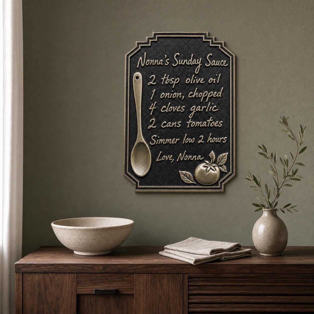 Custom Handwritten Recipe Plaque | Antique Brass Family Recipe Sign | Personalised Kitchen Keepsake Gift