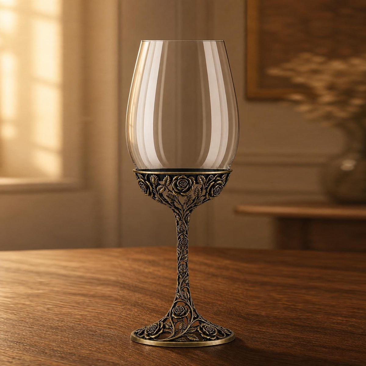 June Rose Wine Glass, Personalised Birth Flower, Openwork Brass Stem, Custom Etched Gift