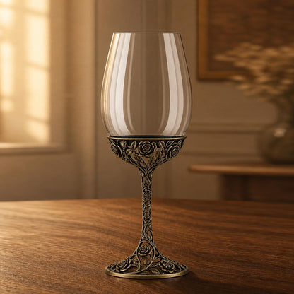 June Rose Wine Glass, Personalised Birth Flower, Openwork Brass Stem, Custom Etched Gift