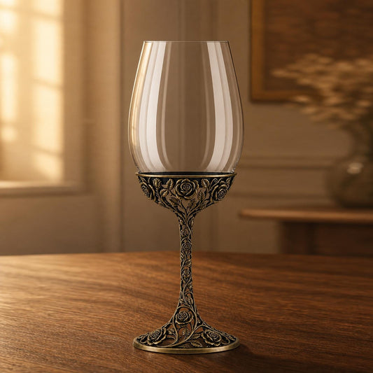 June Rose Wine Glass, Personalised Birth Flower, Openwork Brass Stem, Custom Etched Gift