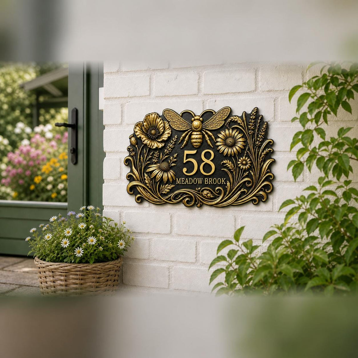 Design Your Own Custom House Number Plaque | Personalized Floral Bumblebee Antique Brass Address Sign