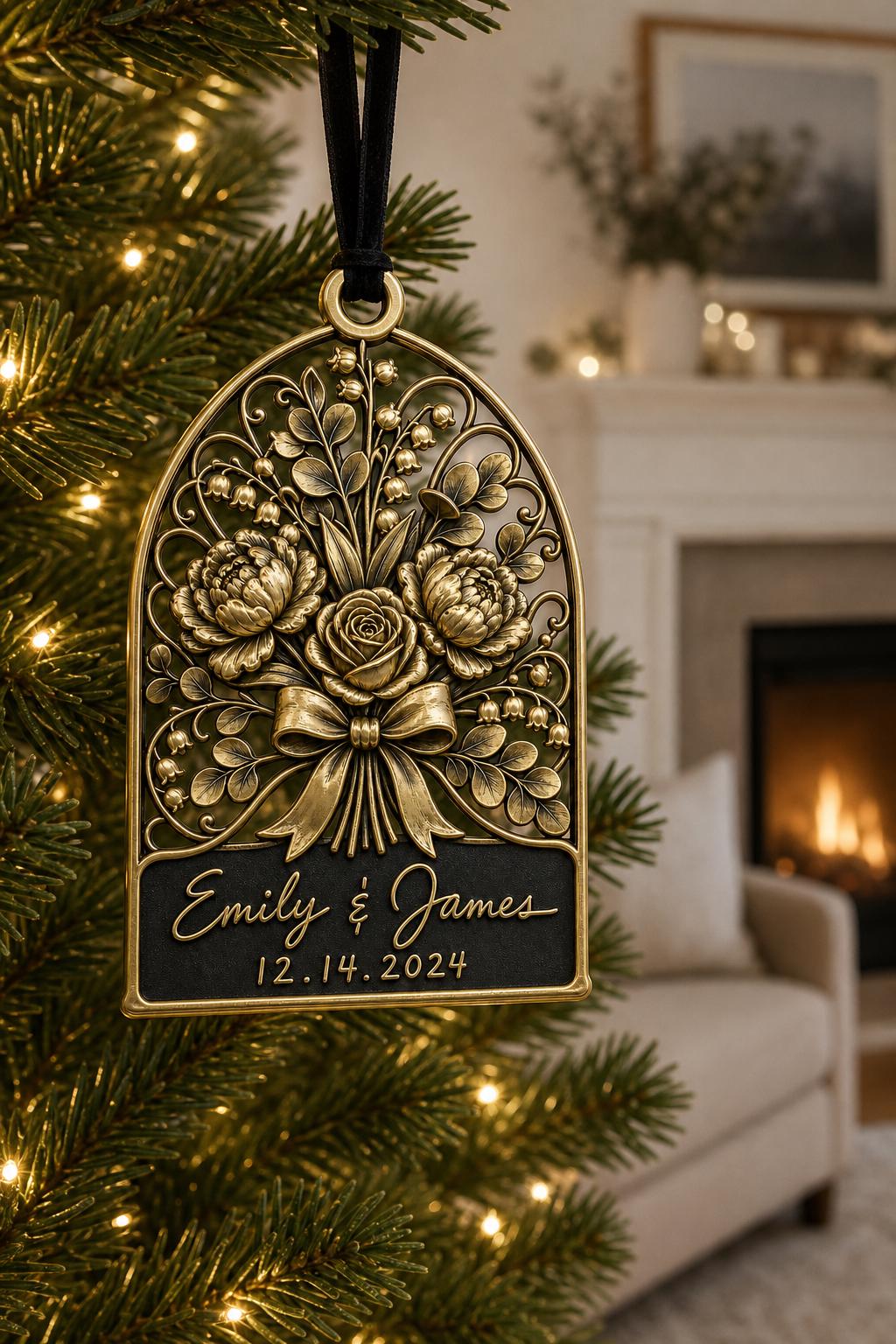 Large Personalized Wedding Ornament | Custom Couple Christmas Keepsake | Copper & Brass Charms
