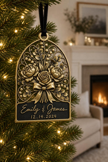 Large Personalized Wedding Ornament | Custom Couple Christmas Keepsake | Copper & Brass Charms