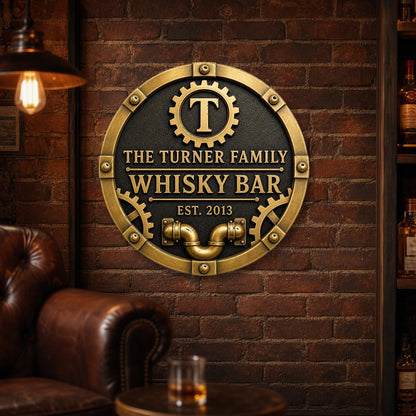 Personalised Industrial Whisky Bar Sign | Antique Brass Steampunk Home Bar Plaque | Custom Wall Decor