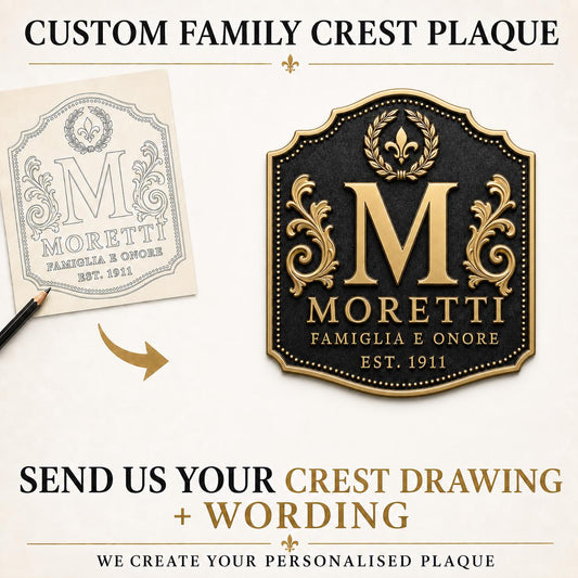 Create Your Own Family Crest Plaque | Custom Monogram, Surname & Motto | Antique Brass Heritage Sign