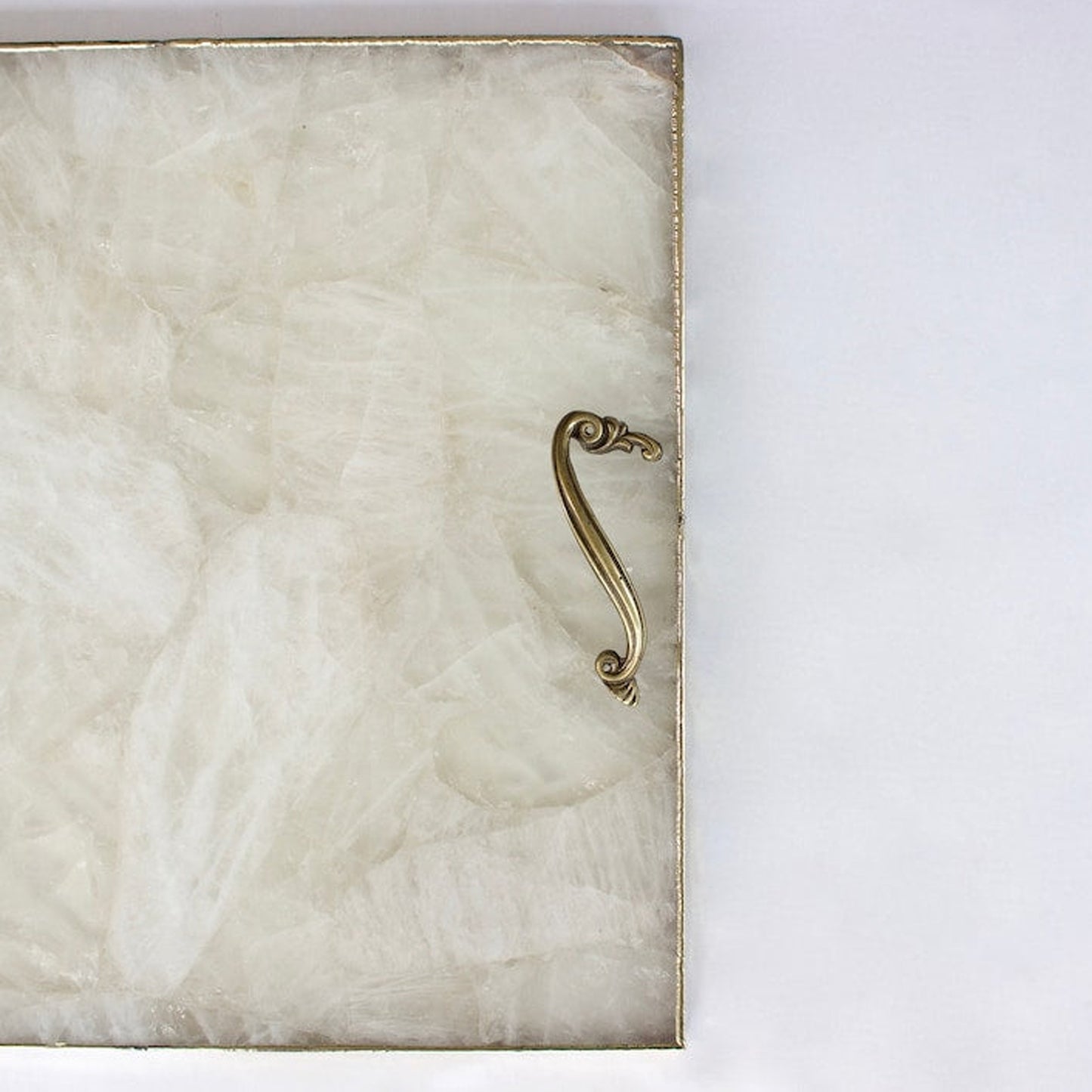 White Agate Serving Tray With Brass Handles | Square