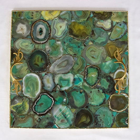Light Green Agate Serving Tray With Brass Handles | Square
