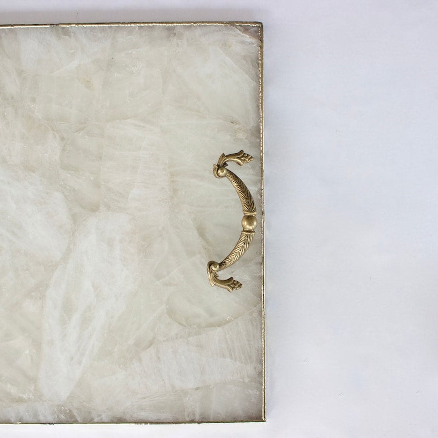 White Agate Serving Tray With Brass Handles | Square