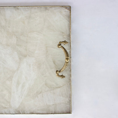 White Agate Serving Tray With Brass Handles | Square