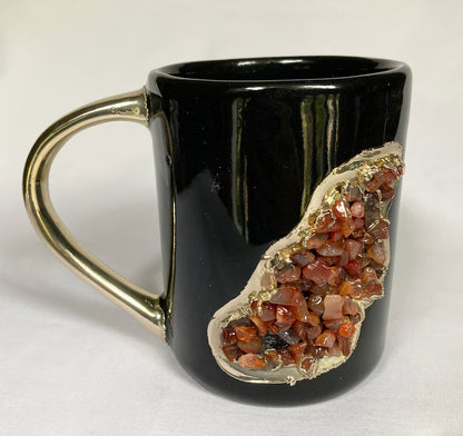 Set of 2 |Black and Gold Ceramic Big Coffee/Tea/Juice/Beverage Mug with Red Semi-precious Agate Crystal | 12 oz/355 ml
