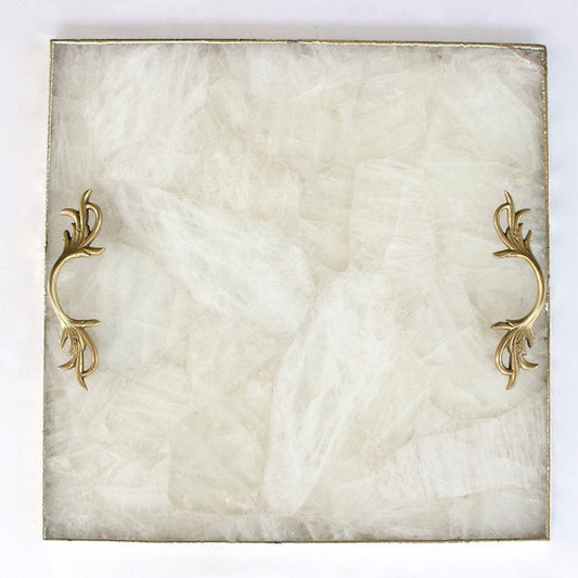 White Agate Serving Tray With Brass Handles | Square