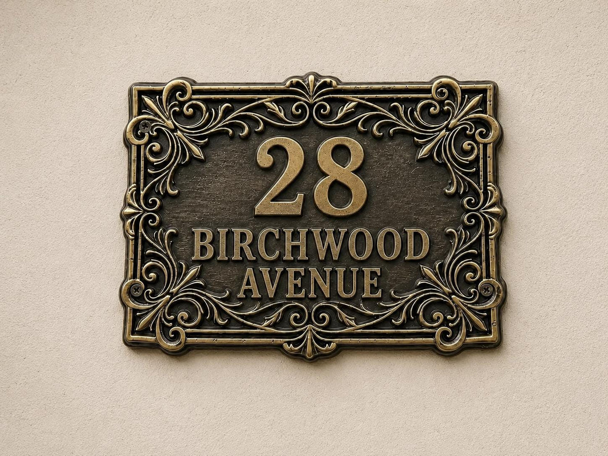 Custom Victorian House Number Sign, Ornate Antique Brass Address Plaque, Personalized Front Door Number