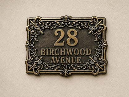 Custom Victorian House Number Sign, Ornate Antique Brass Address Plaque, Personalized Front Door Number