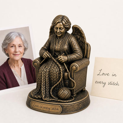 Personalised Knitting Memorial Figurine from Photo, Antique Brass Angel Statue, Custom Grandma Remembrance Gift