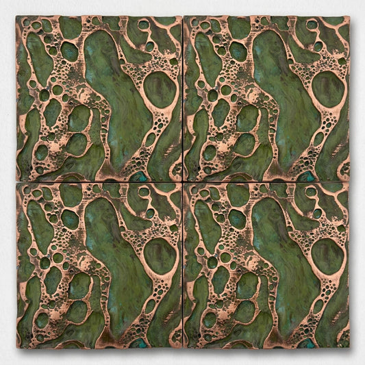 Four green patina cosmic crater tiles set in a square