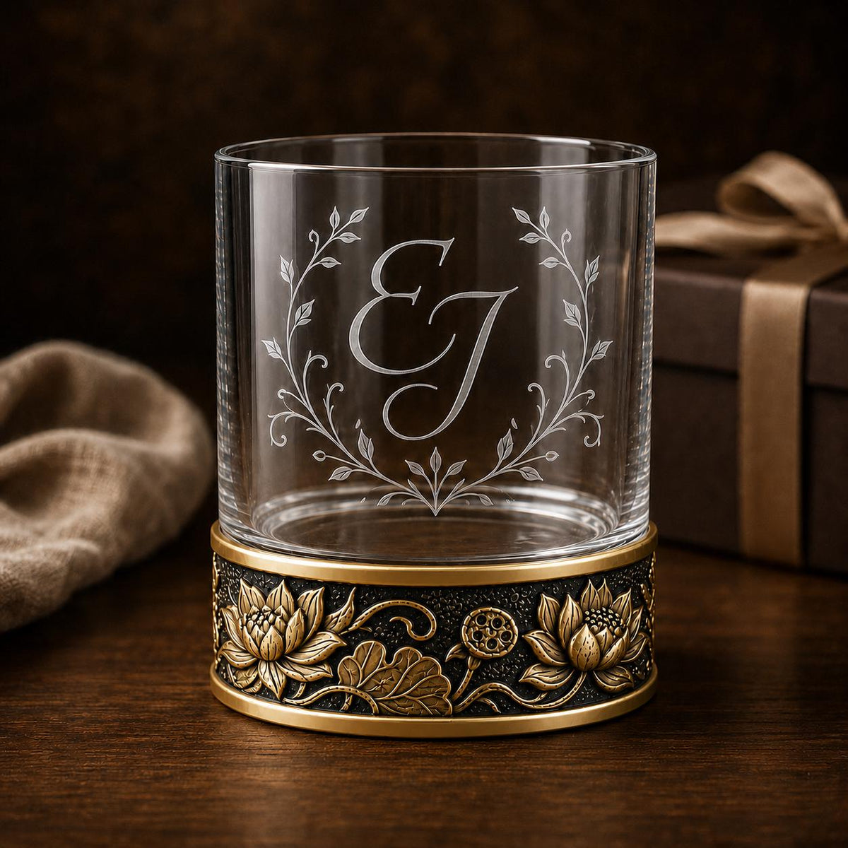 Personalized Lotus Whiskey Glass – Custom Etched Old Fashioned Glass, 10 oz