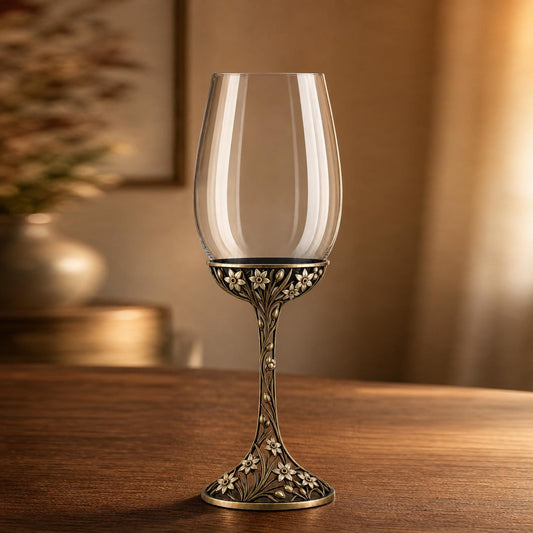 December Narcissus Wine Glass, Personalised Birth Flower, Openwork Brass Stem, Custom Etched Gift