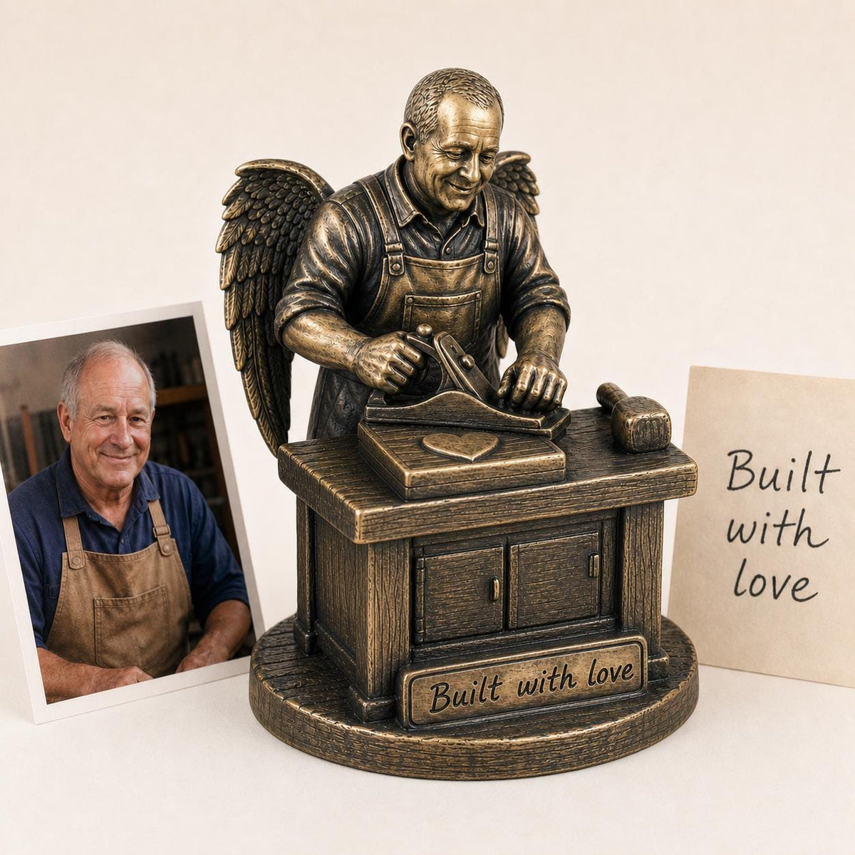 Personalised Woodworker Memorial Figurine from Photo, Antique Brass Angel Statue