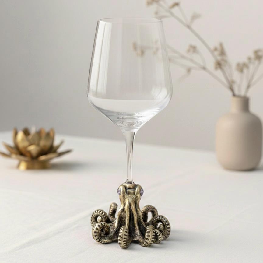 Octopus Wine Glass – Antique Brass Base with Gemstone Eyes, 12 oz