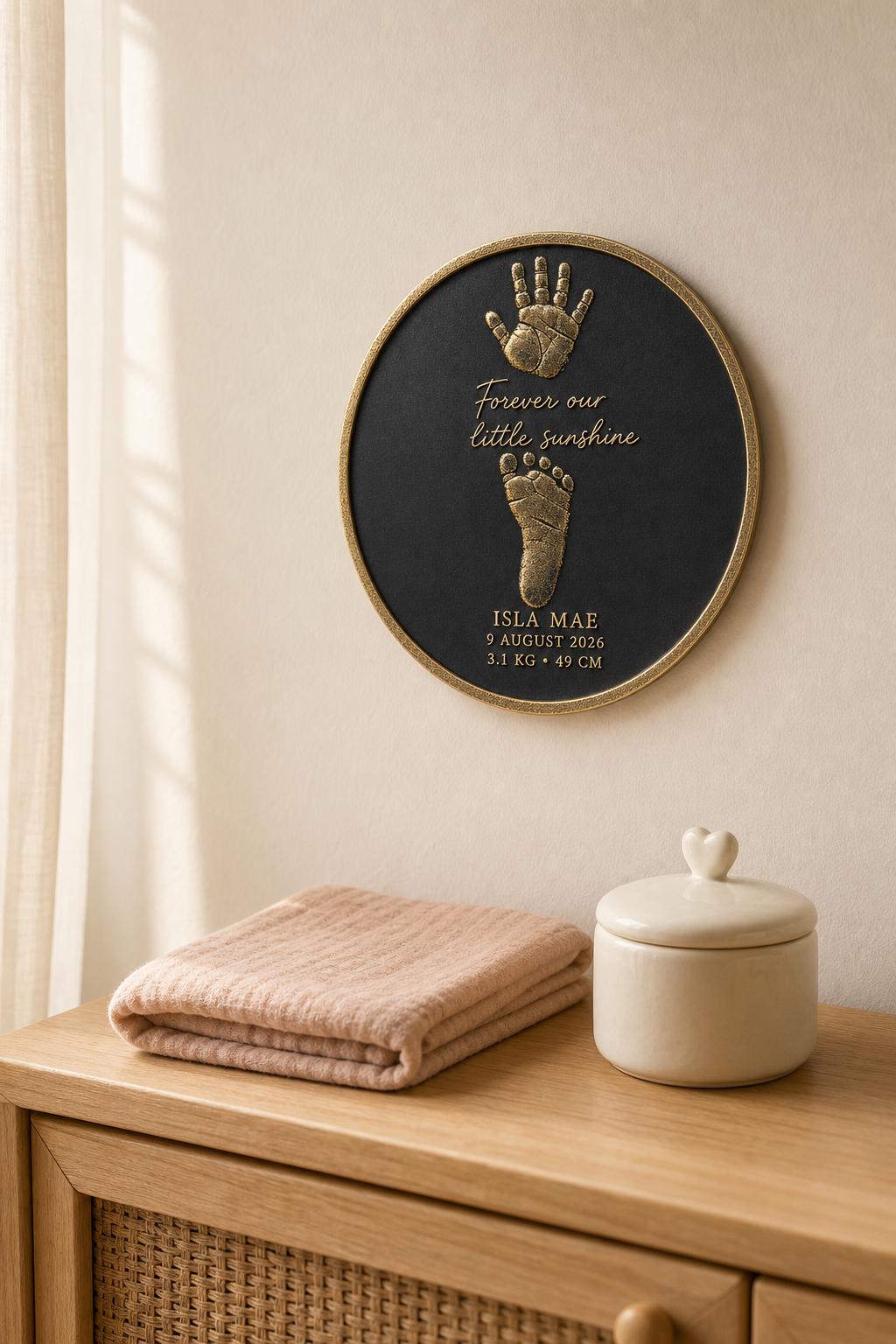 Personalised Little Baby Plaque, Custom Handprint & Footprint, Antique Brass Nursery Gift