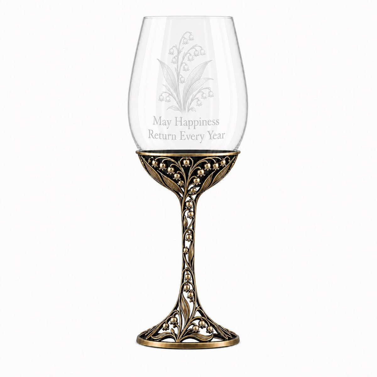 May Lily of the Valley Wine Glass, Personalised Birth Flower, Openwork Brass Stemware