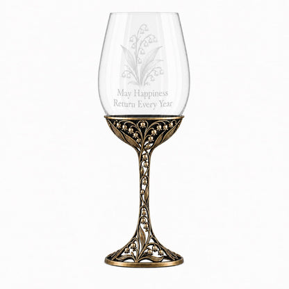 May Lily of the Valley Wine Glass, Personalised Birth Flower, Openwork Brass Stemware