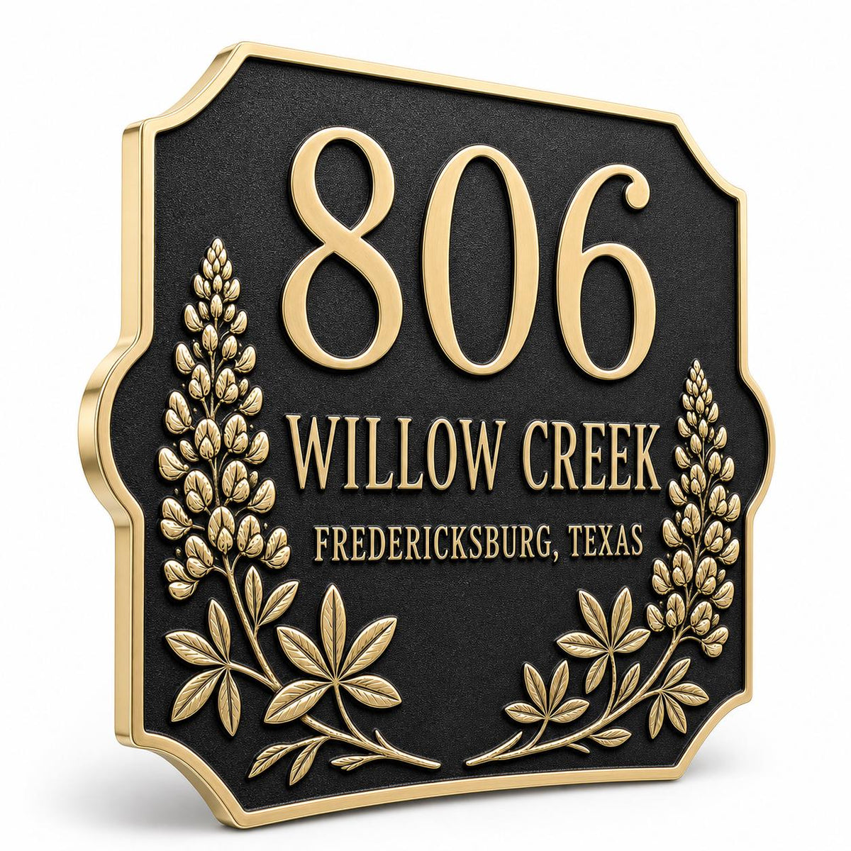 Personalised Lupine Flower Address Plaque | Custom Antique Brass House Number | Outdoor Wall Decor
