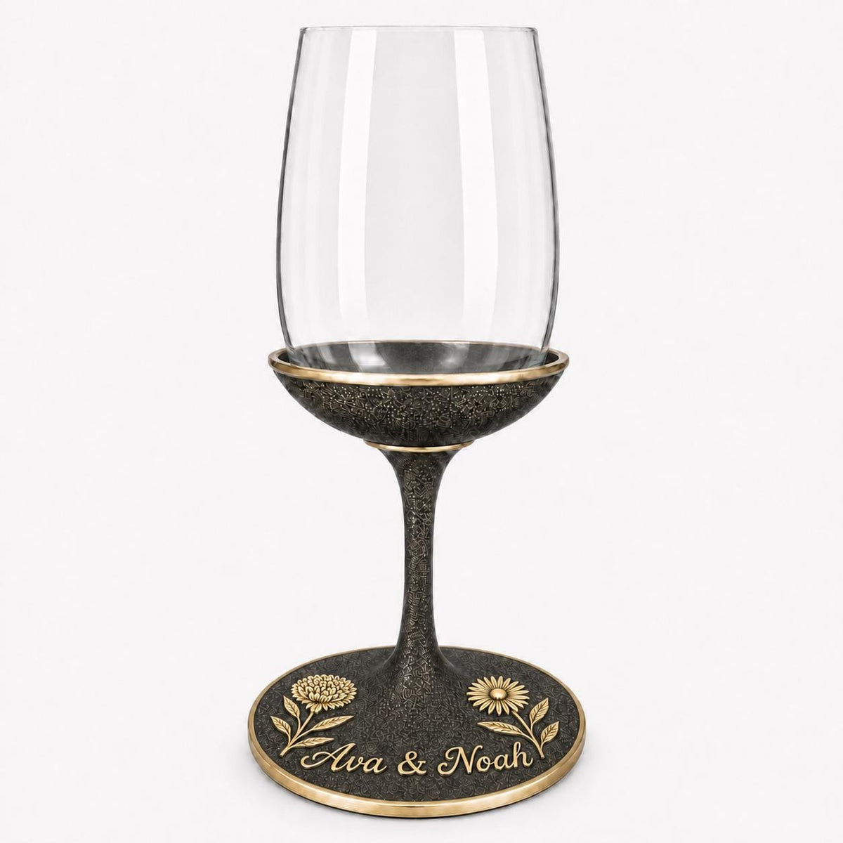 Personalised Birth Flower Wine Glass | Chrysanthemum & Daisy Antique Brass Base