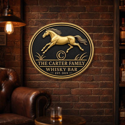 Personalised Running Horse Whisky Bar Plaque | Custom Family Bar Sign | Handcrafted Antique Brass Wall Decor