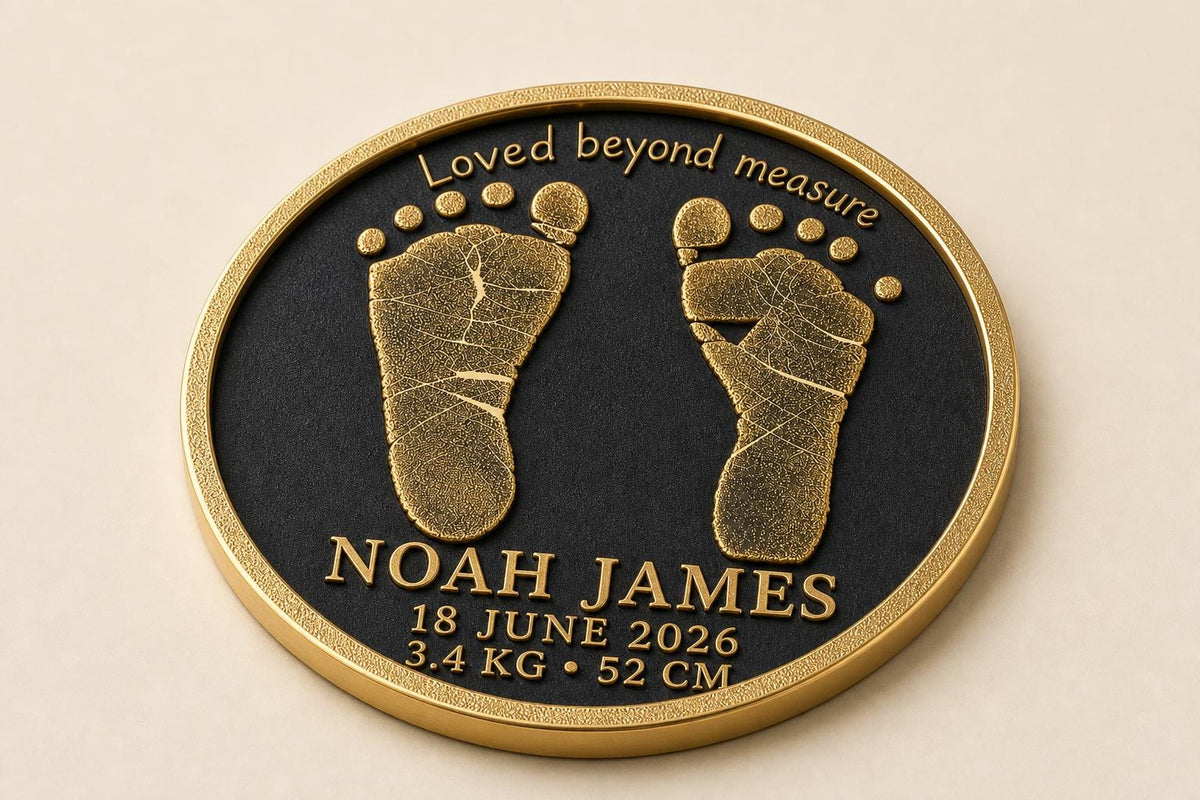 Personalised Newborn Footprint Plaque, Custom Baby Birth Record, Antique Brass Baby Keepsake