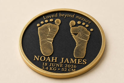 Personalised Newborn Footprint Plaque, Custom Baby Birth Record, Antique Brass Baby Keepsake