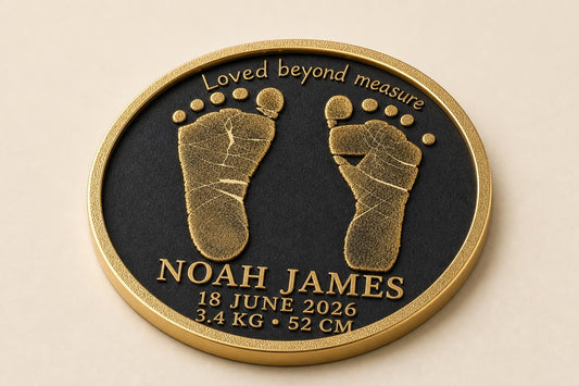 Personalised Newborn Footprint Plaque, Custom Baby Birth Record, Antique Brass Baby Keepsake