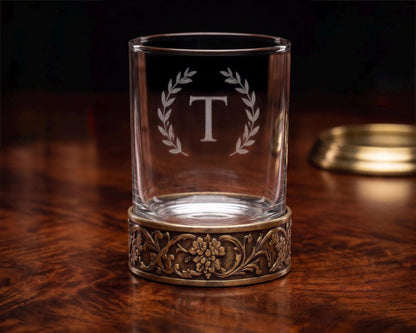 Personalised Laser Etched Brass Base Whiskey Glass | Signature Monogram/Name Glasses | Antique Brass Metal Base