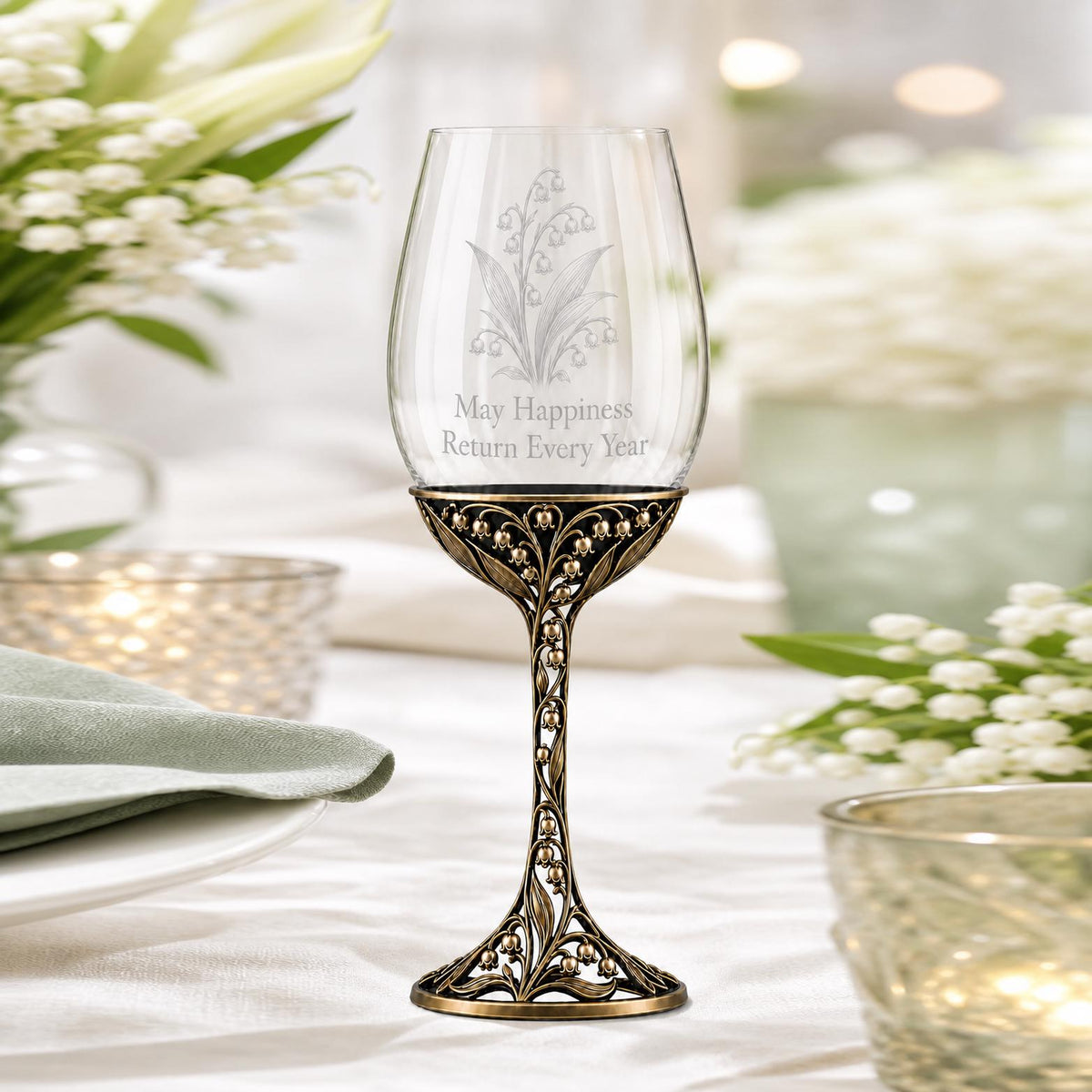 May Lily of the Valley Wine Glass, Personalised Birth Flower, Openwork Brass Stemware
