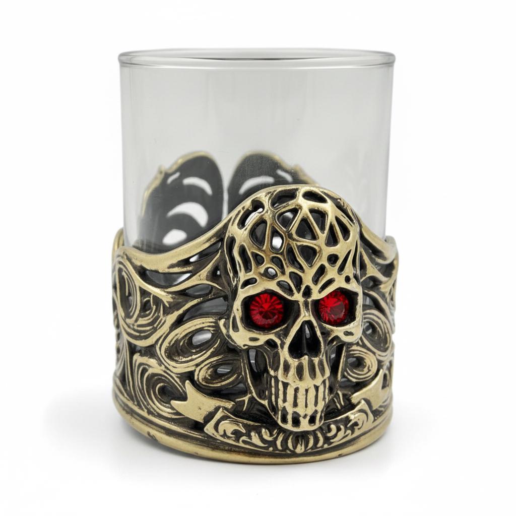 Jeweled Skull Whiskey Glass – Antique Brass Holder, 10 oz