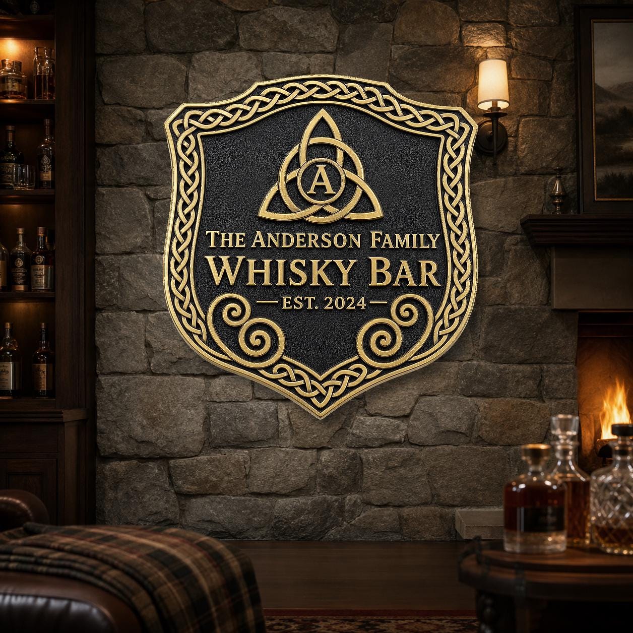 Personalised Celtic Whisky Bar Sign | Antique Brass Trinity Knot Plaque | Custom Family Home Bar Gift