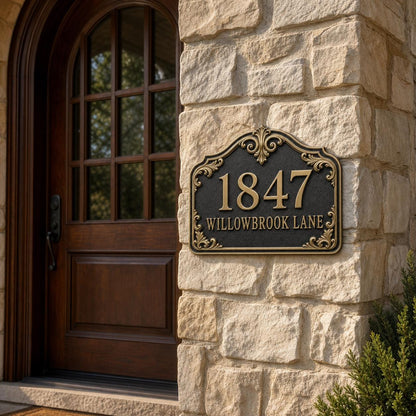Personalised House Number Sign | Antique Brass Address Plaque | Custom Street/Family Name Board
