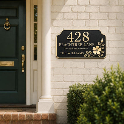 Floral Metal House Number Sign | Custom Brass Family Name Street Sign