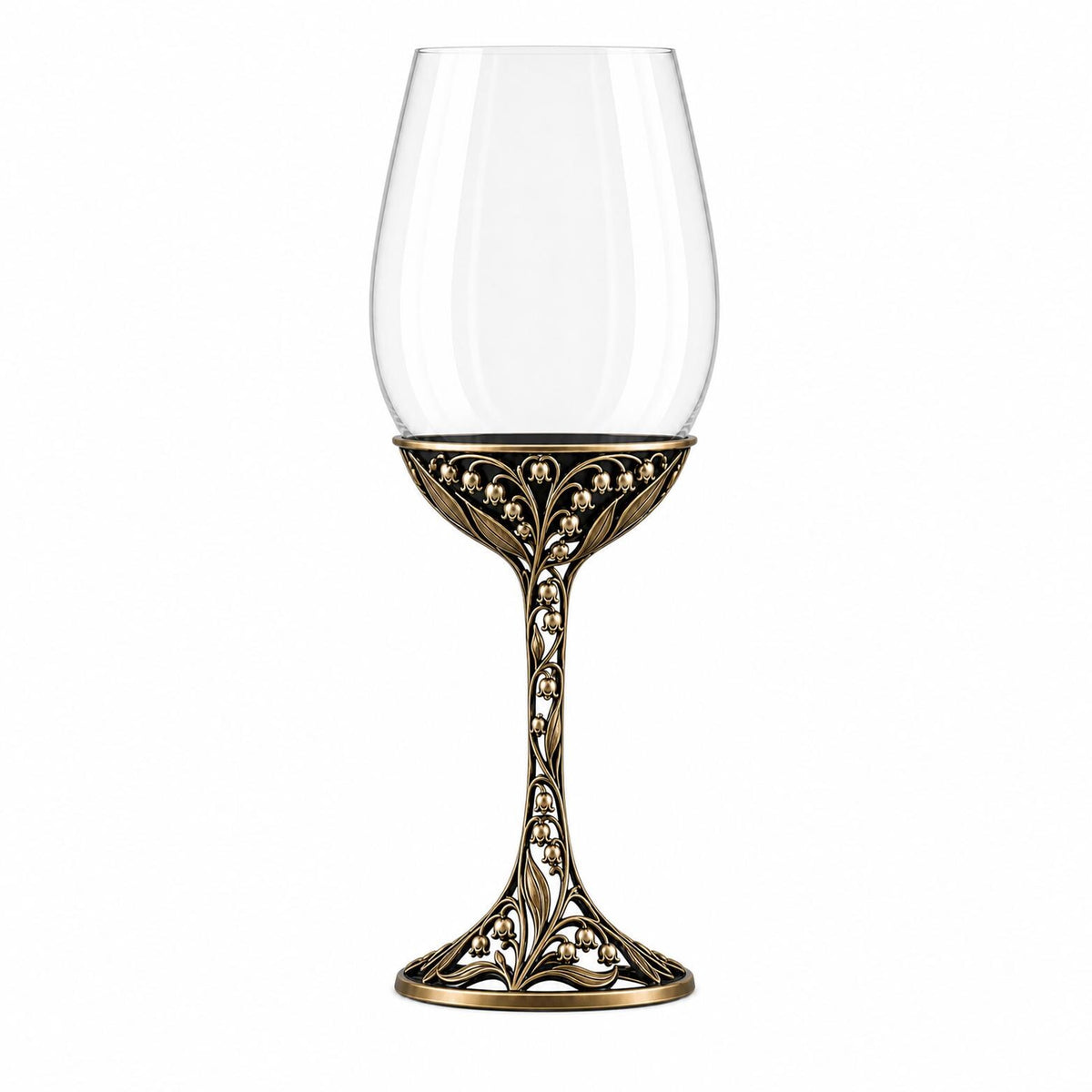 May Lily of the Valley Wine Glass, Personalised Birth Flower, Openwork Brass Stemware