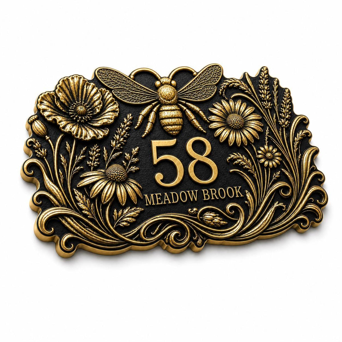 Design Your Own Custom House Number Plaque | Personalized Floral Bumblebee Antique Brass Address Sign