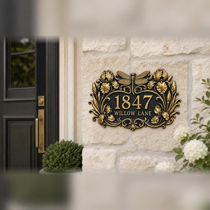 Design Your Own Custom House Number Plaque | Personalized Dragonfly Antique Brass Address Sign