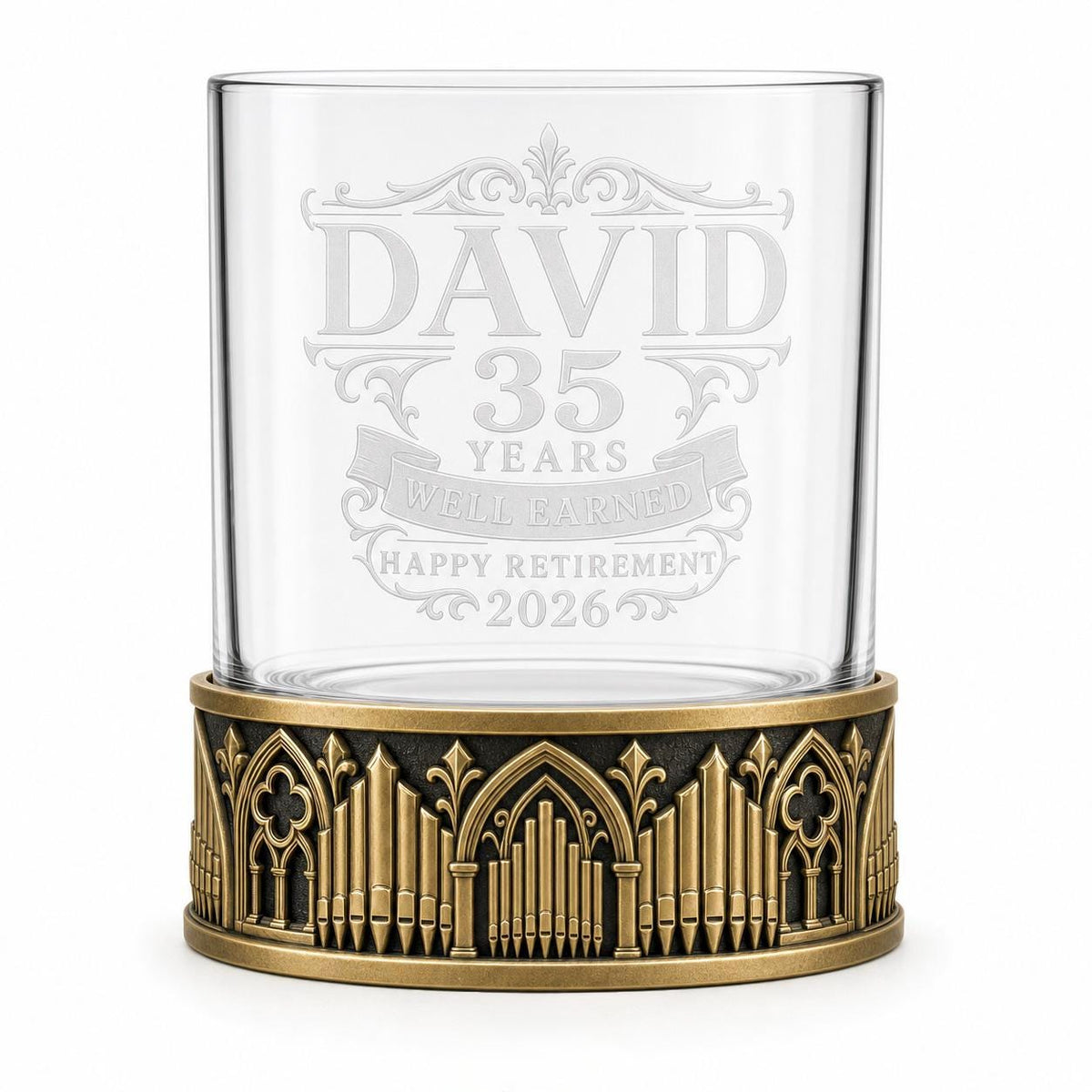 Personalised Laser Etched Brass Base Whiskey Glass | Custom Text/Name Glasses | Birthday/Retirement Gift Sets