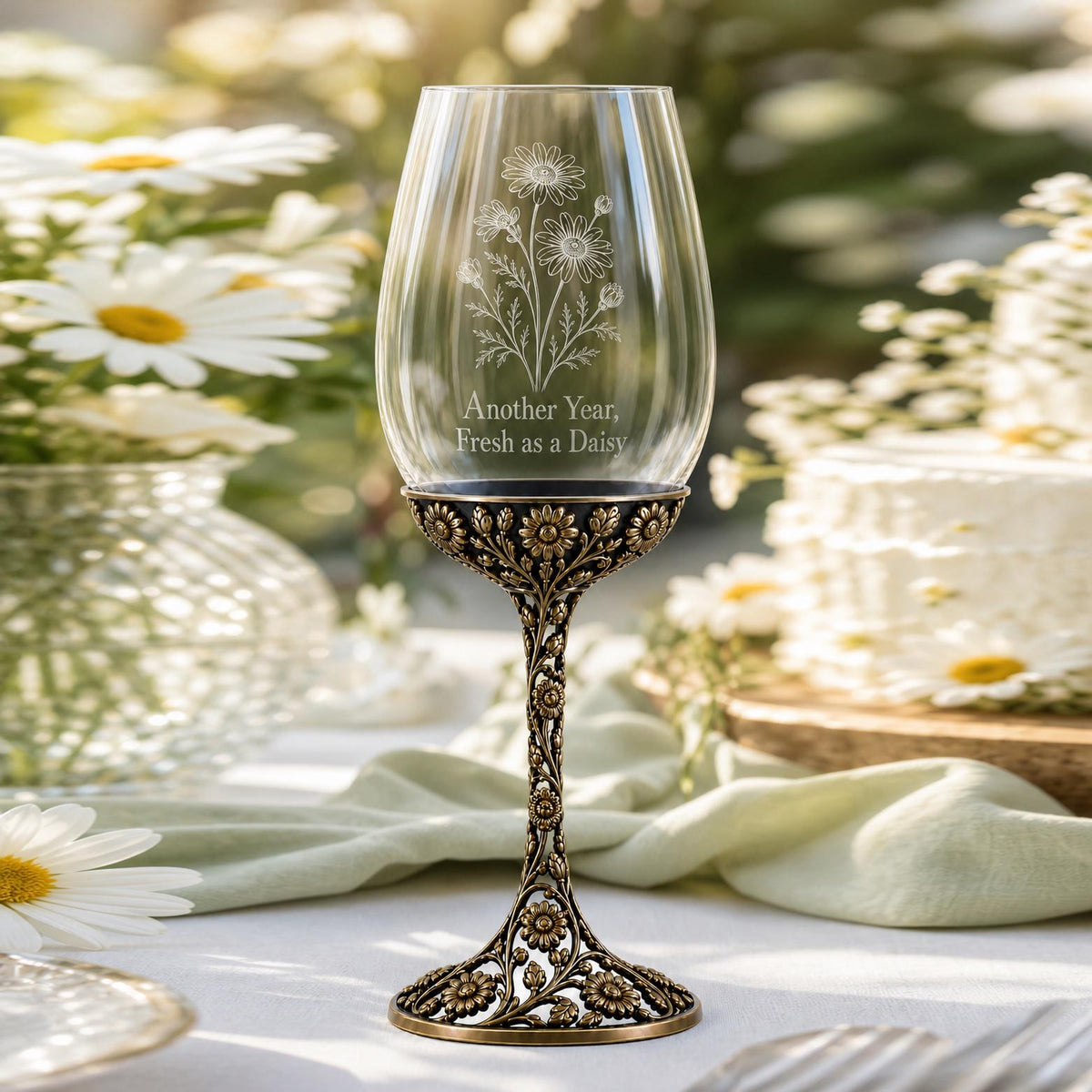 April Daisy Wine Glass, Personalised Birth Flower, Openwork Brass Stem, Custom Etched Gift