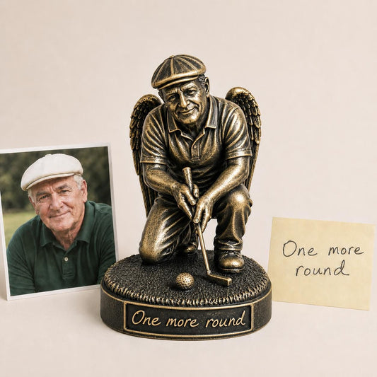 Personalised Golf Memorial Figurine from Photo, Antique Brass Angel Statue, Dad Remembrance Gift