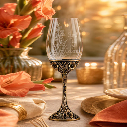 August Gladiolus Wine Glass, Personalised Birth Flower, Openwork Brass Stem, Custom Etched Gift