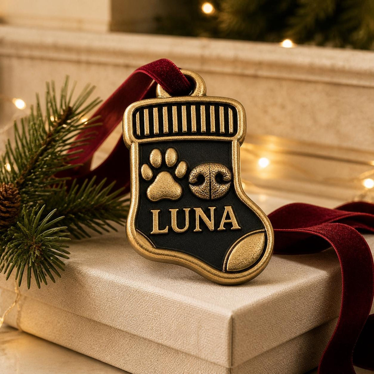 Stocking pet ornament resting on a white box beside pine branches and a red velvet ribbon