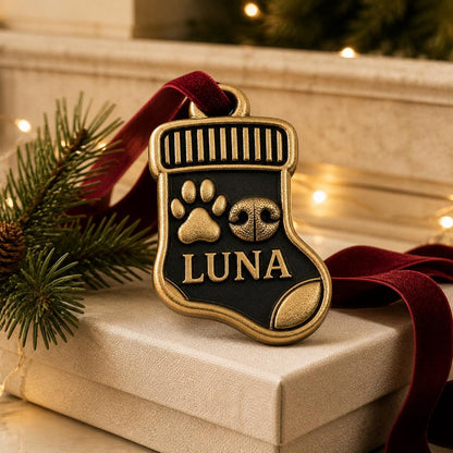 Stocking pet ornament resting on a white box beside pine branches and a red velvet ribbon
