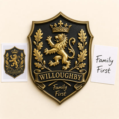 Design Your Own Crowned Lion Crest Plaque | Custom Surname & Motto | Antique Brass Wall Sign